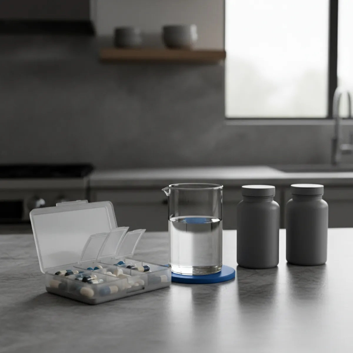 An organized morning supplement routine on a clean kitchen counter