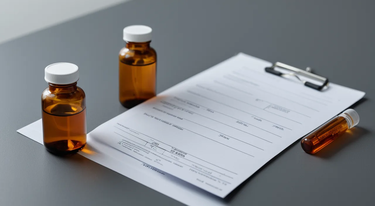 Prescription bottle, compounded vials and a regulatory document side by side on a desk in cool light