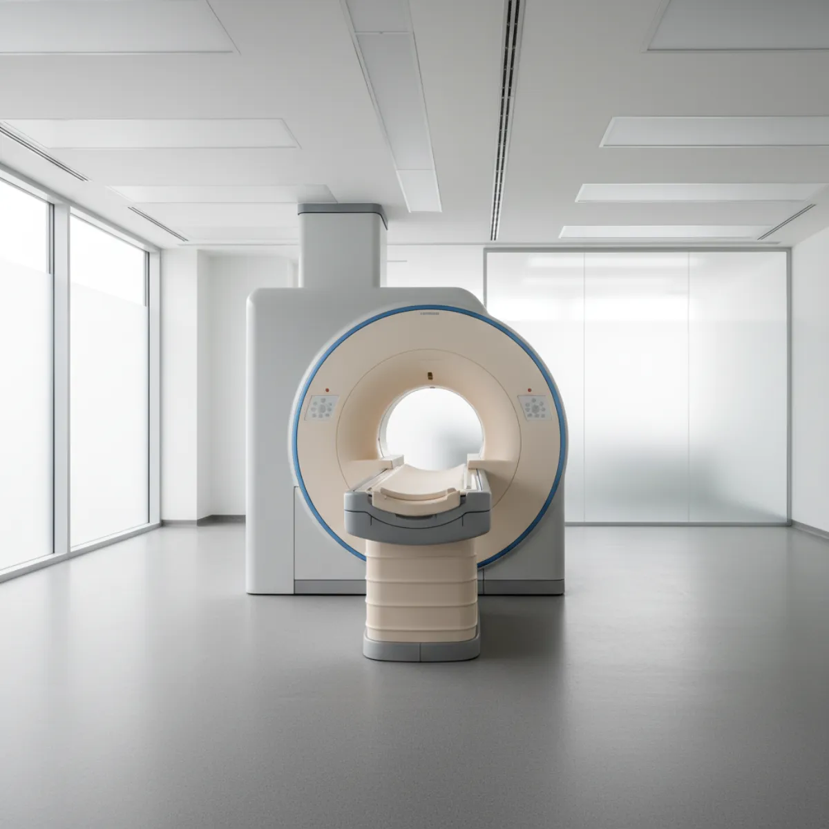 Modern full-body MRI scanner in a bright radiology suite
