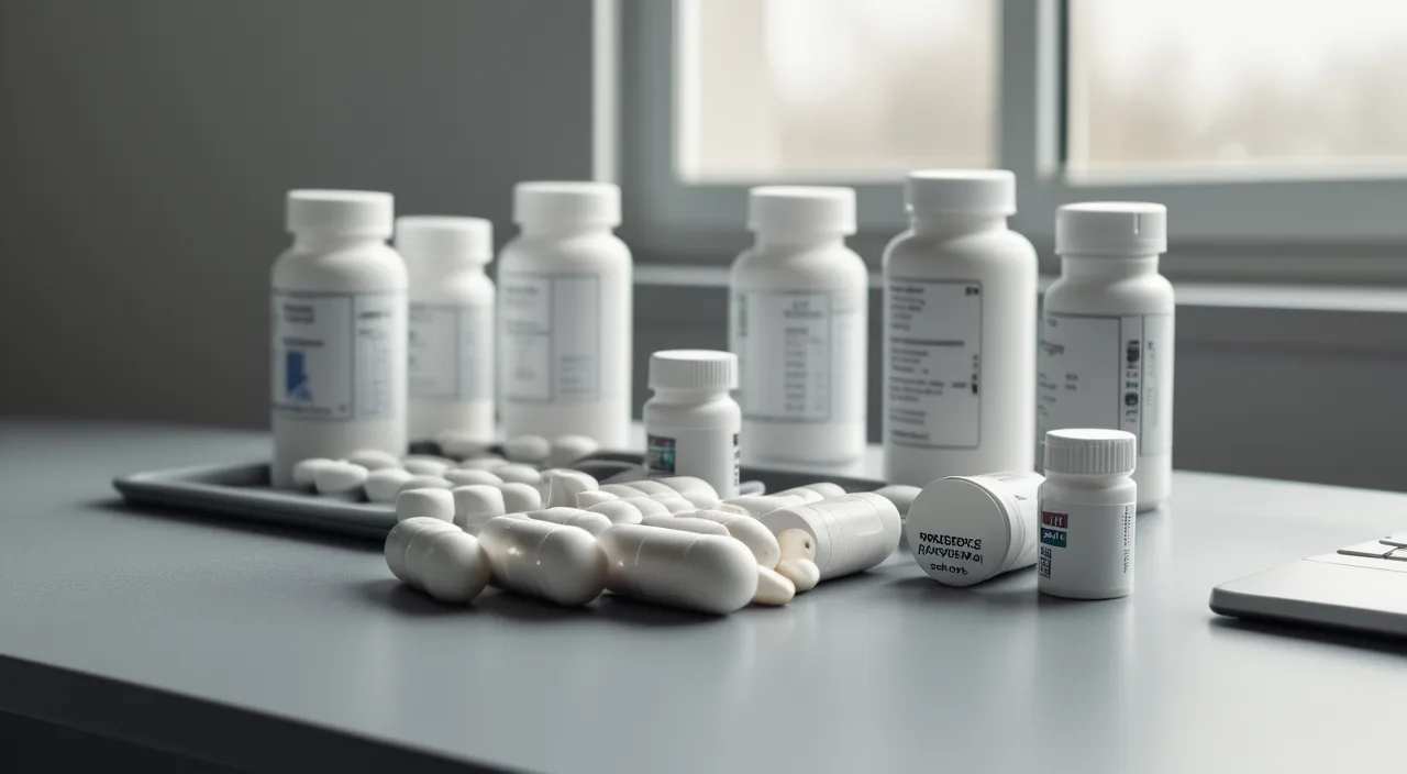 Pill organizer, supplement bottles and a subscription invoice laid out on a desk in cool light
