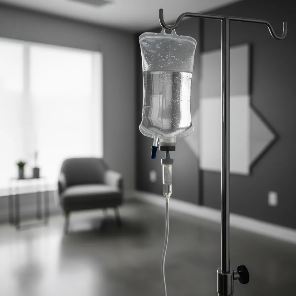 Clear NAD+ IV drip bag in a clean modern wellness clinic
