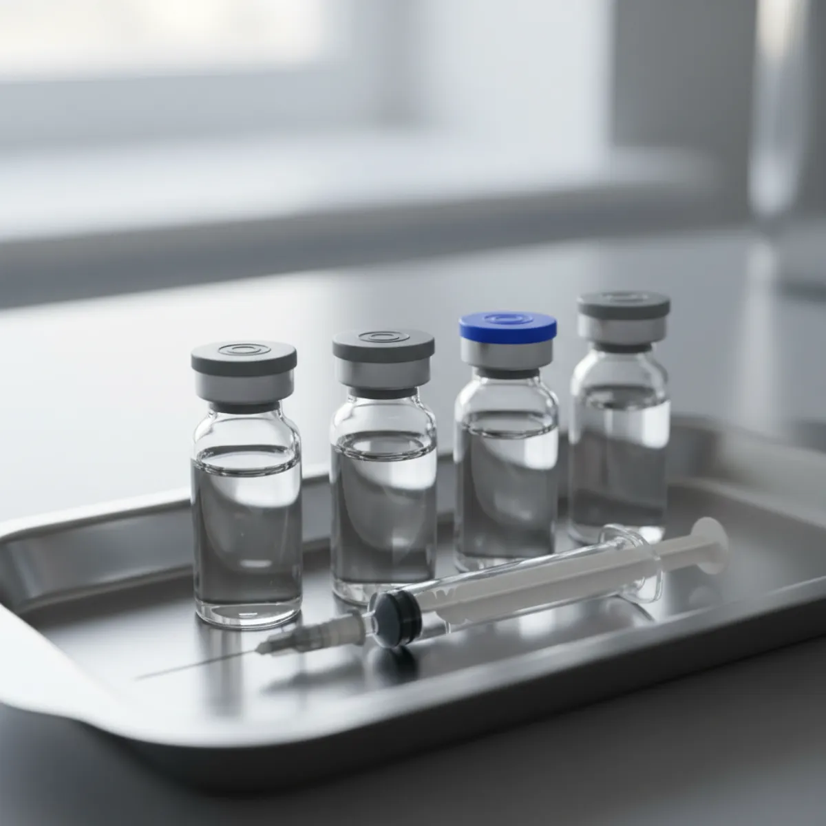 Clinical glass vials and a single syringe arranged on a stainless tray
