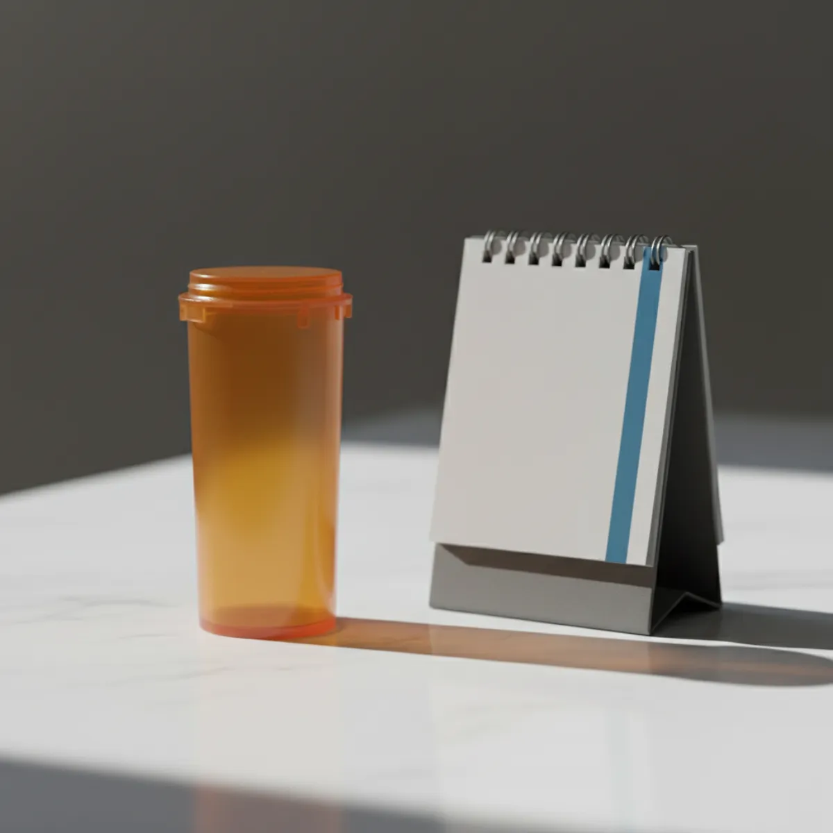 Amber prescription pill bottle on a clean surface beside a calendar