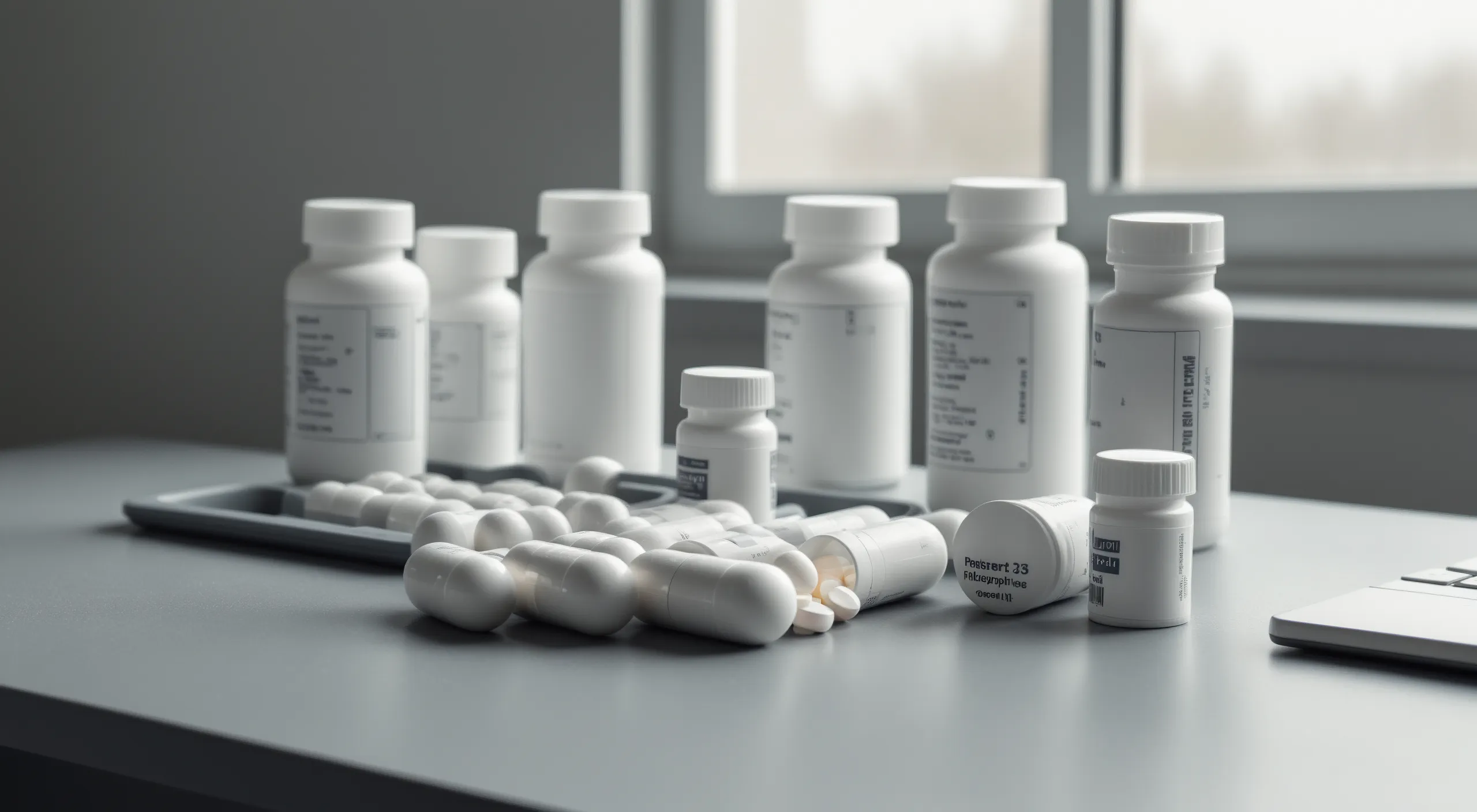 Supplement bottles and a pill organizer on a grey desk in clinical light