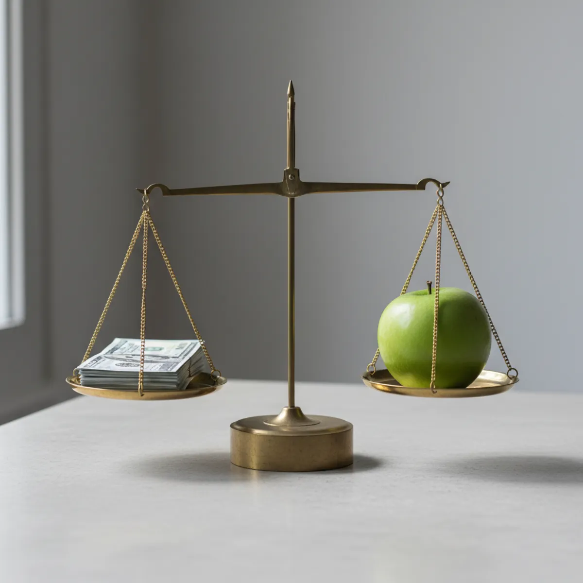 A balance scale weighing a stack of cash against a single apple